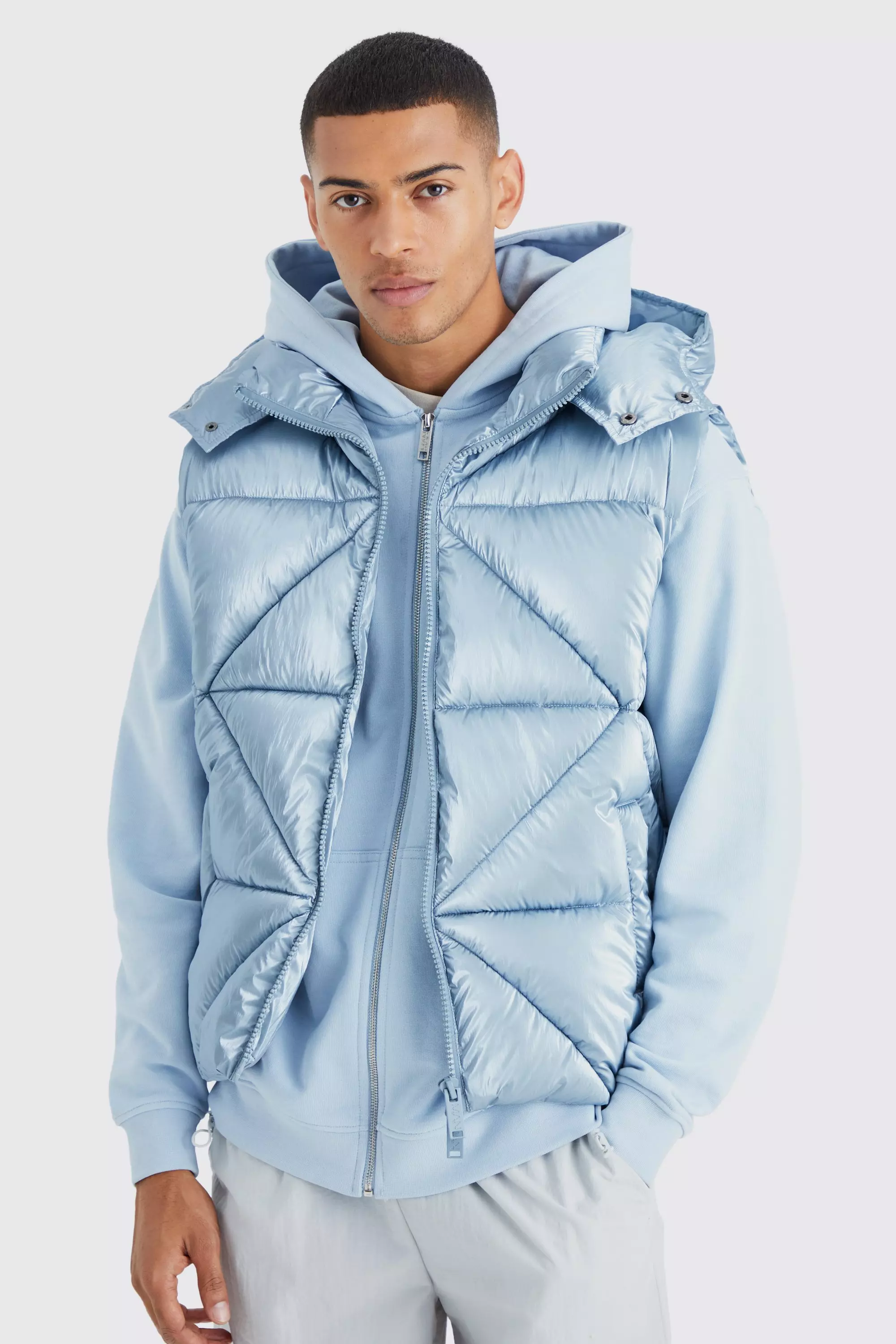 Metallic Quilted Gilet With Hood Pale blue