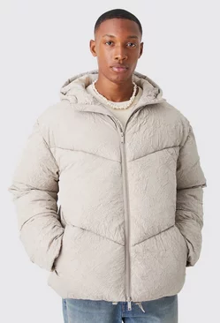 Crinkle Texture Hooded Puffer Taupe
