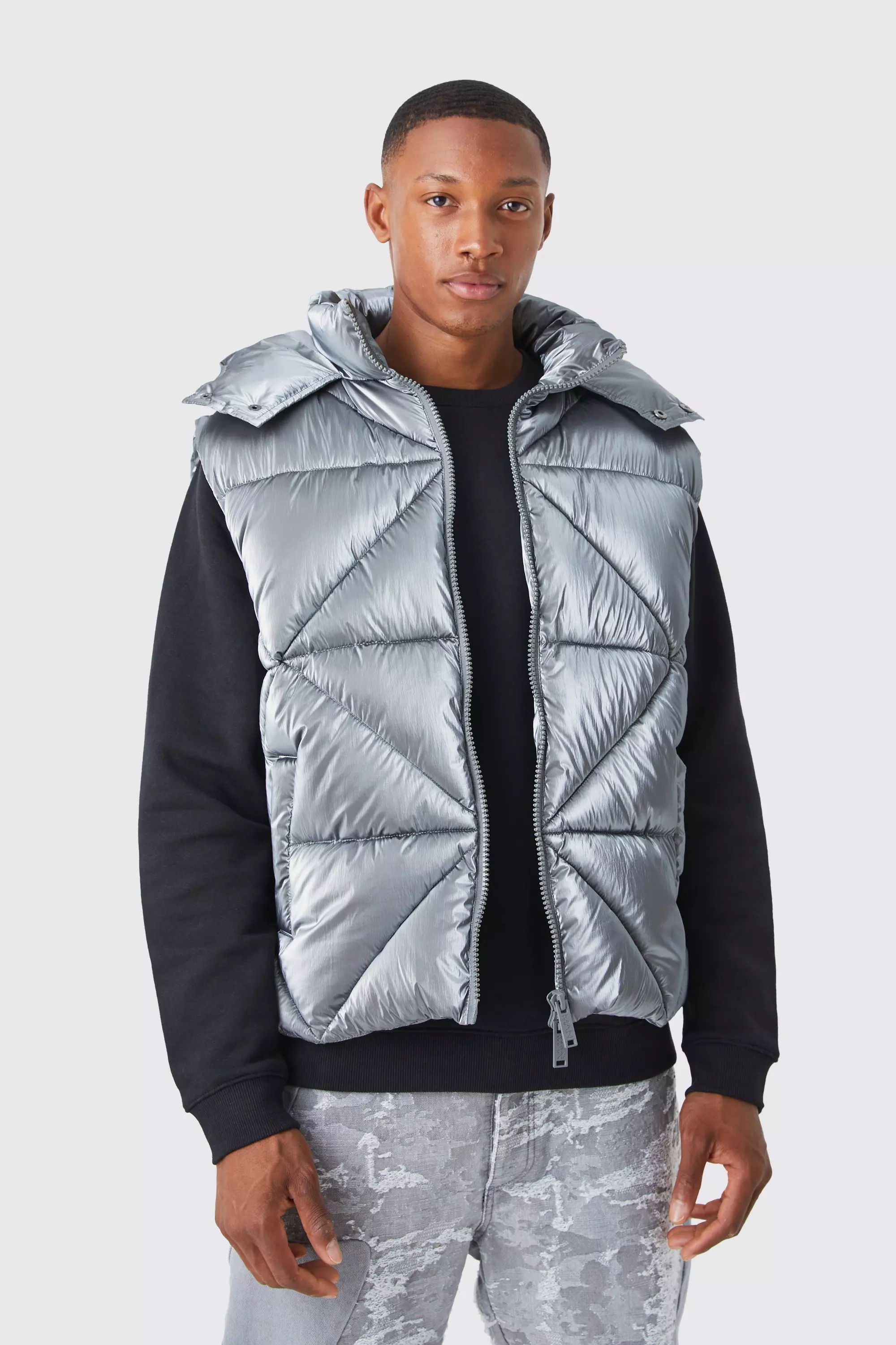Charcoal Metallic Quilted Gilet With Hood alternative image