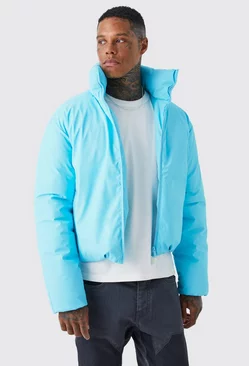 Boxy Funnel Neck Coated Puffer Blue
