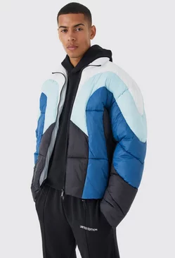 Colour Block Curved Panel Puffer Blue