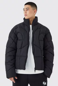 Curved Panel Funnel Neck Puffer Black