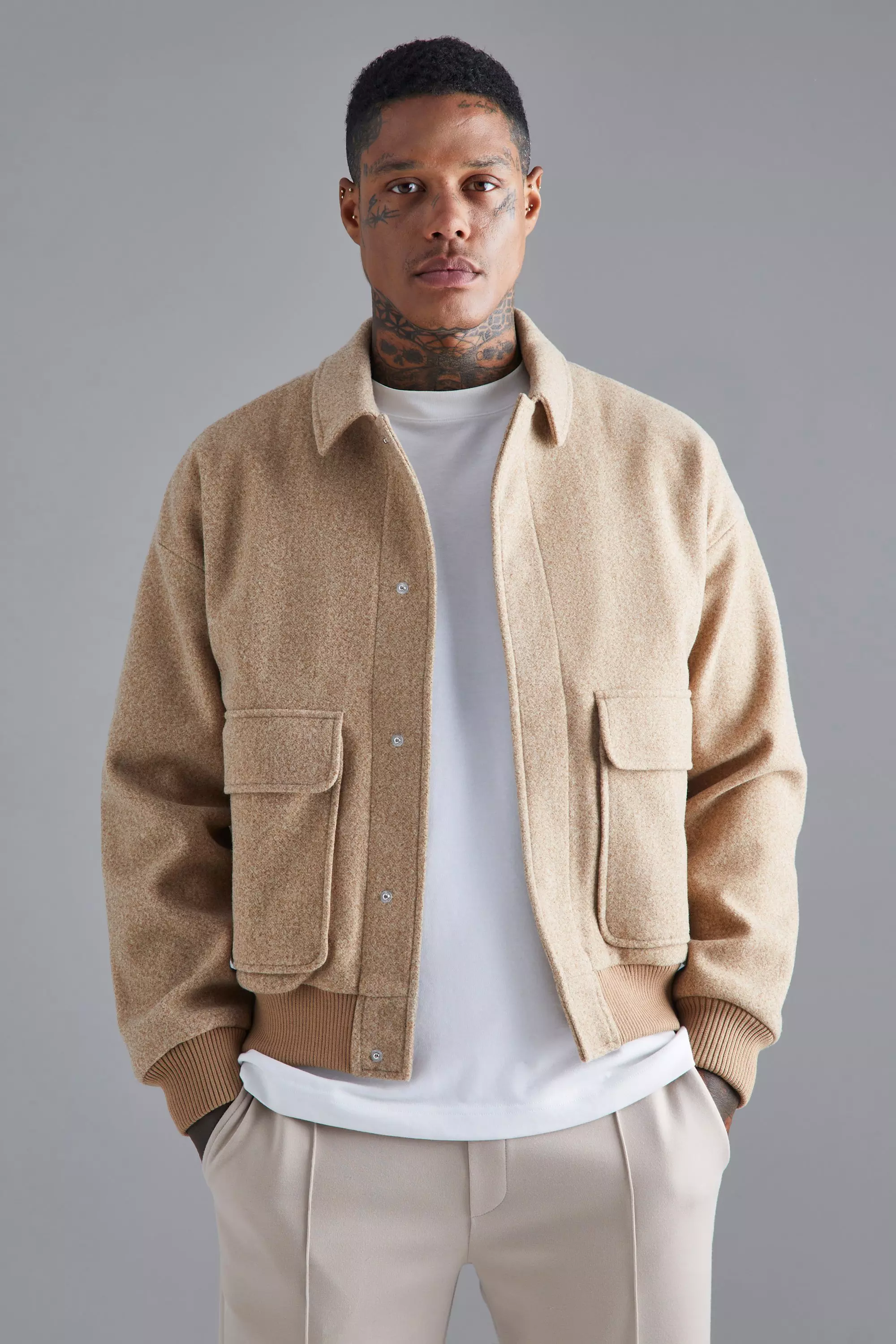 Boxy Melton Collared Bomber Beige