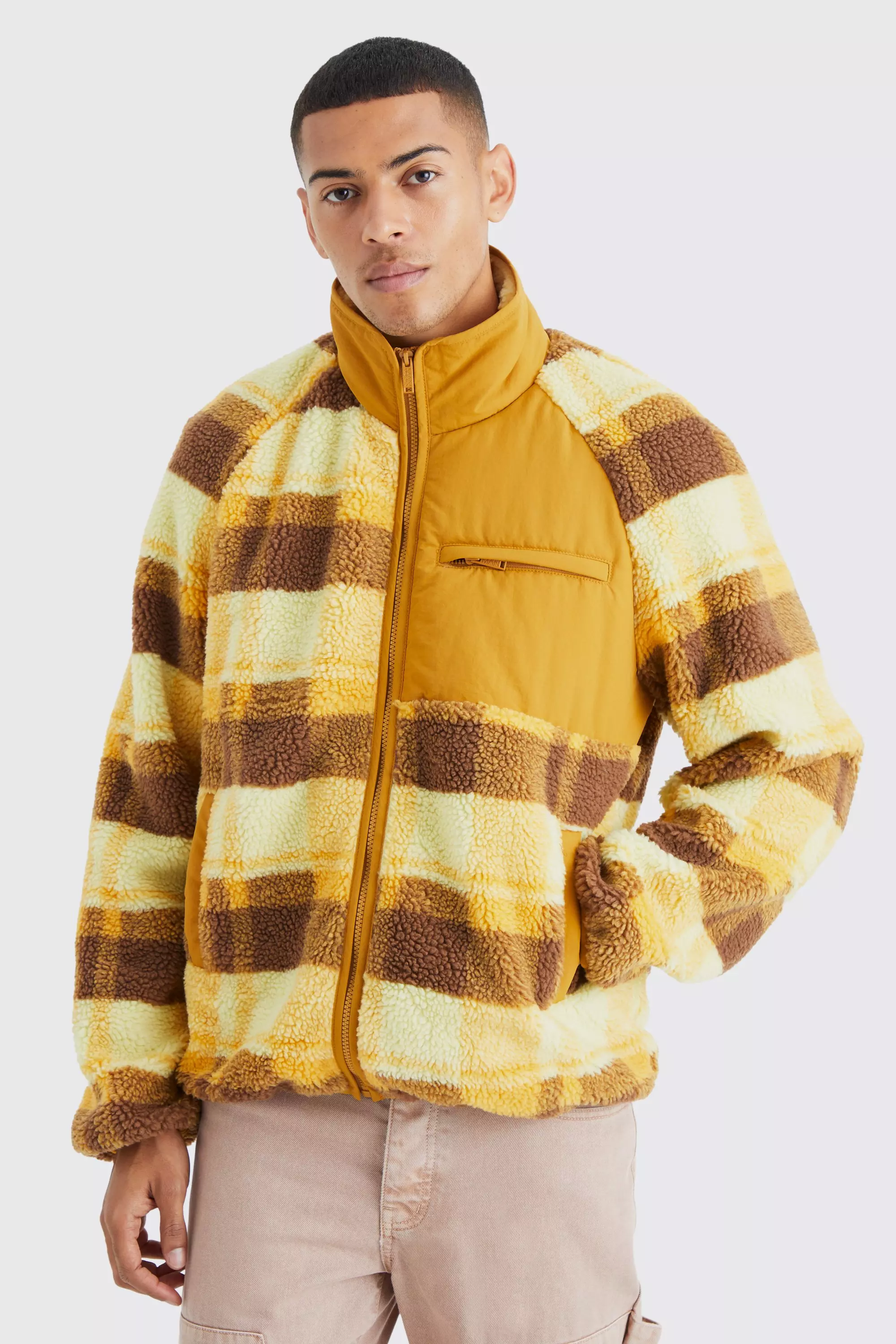 Borg Check Print Jacket With Nylon Panel Yellow