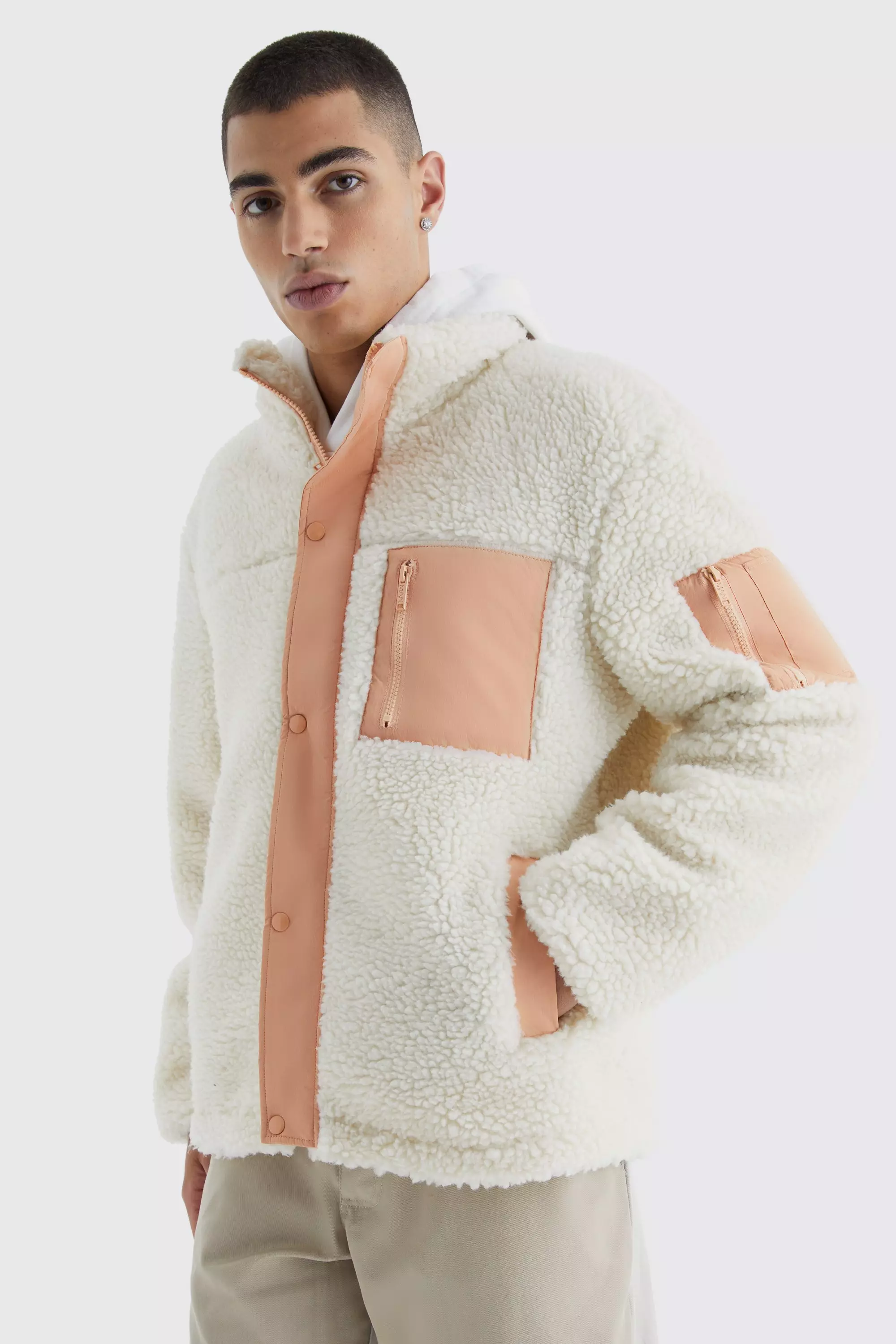 Ecru Borg & Nylon Mix Funnel Neck Jacket alternative image