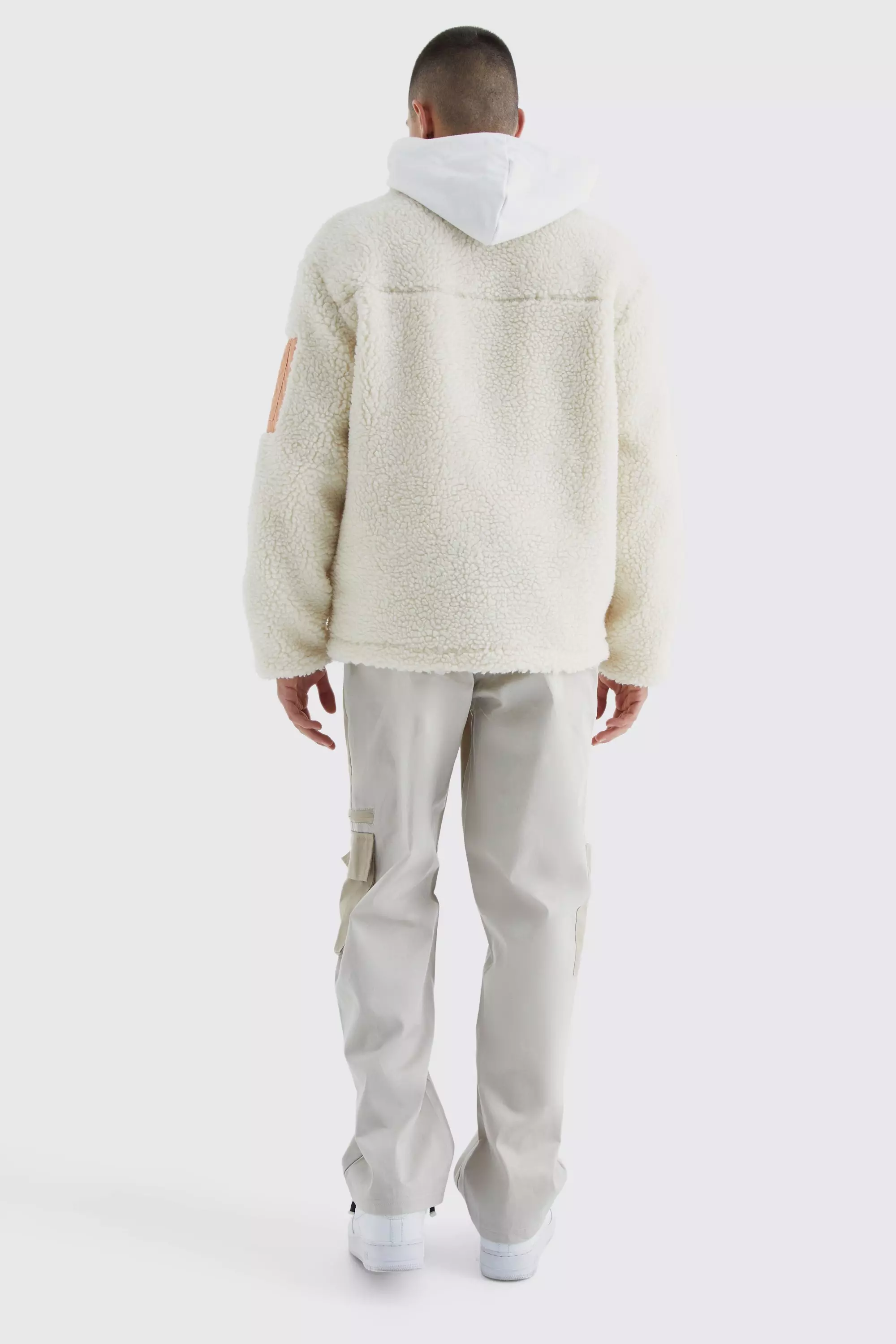 Ecru Borg & Nylon Mix Funnel Neck Jacket alternative image