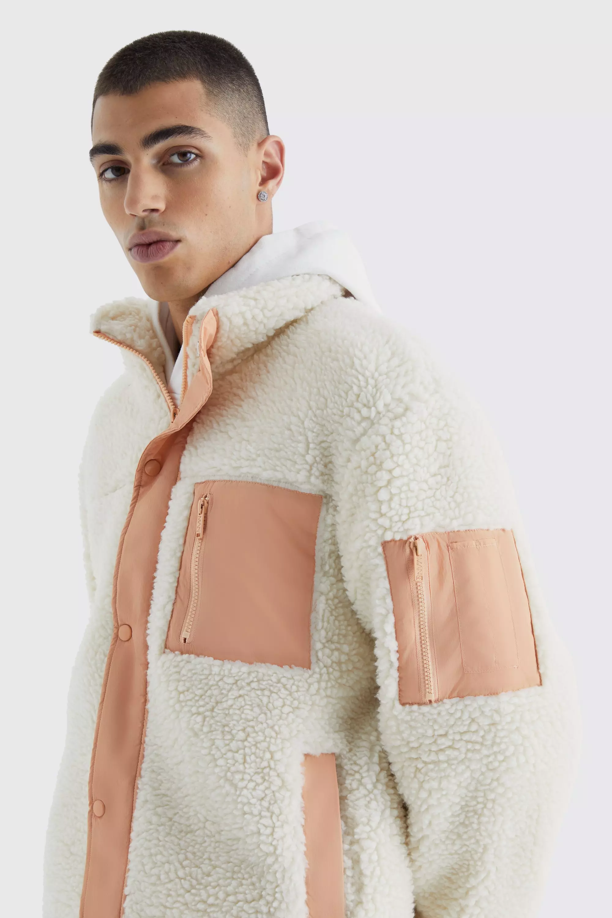 Ecru Borg & Nylon Mix Funnel Neck Jacket alternative image