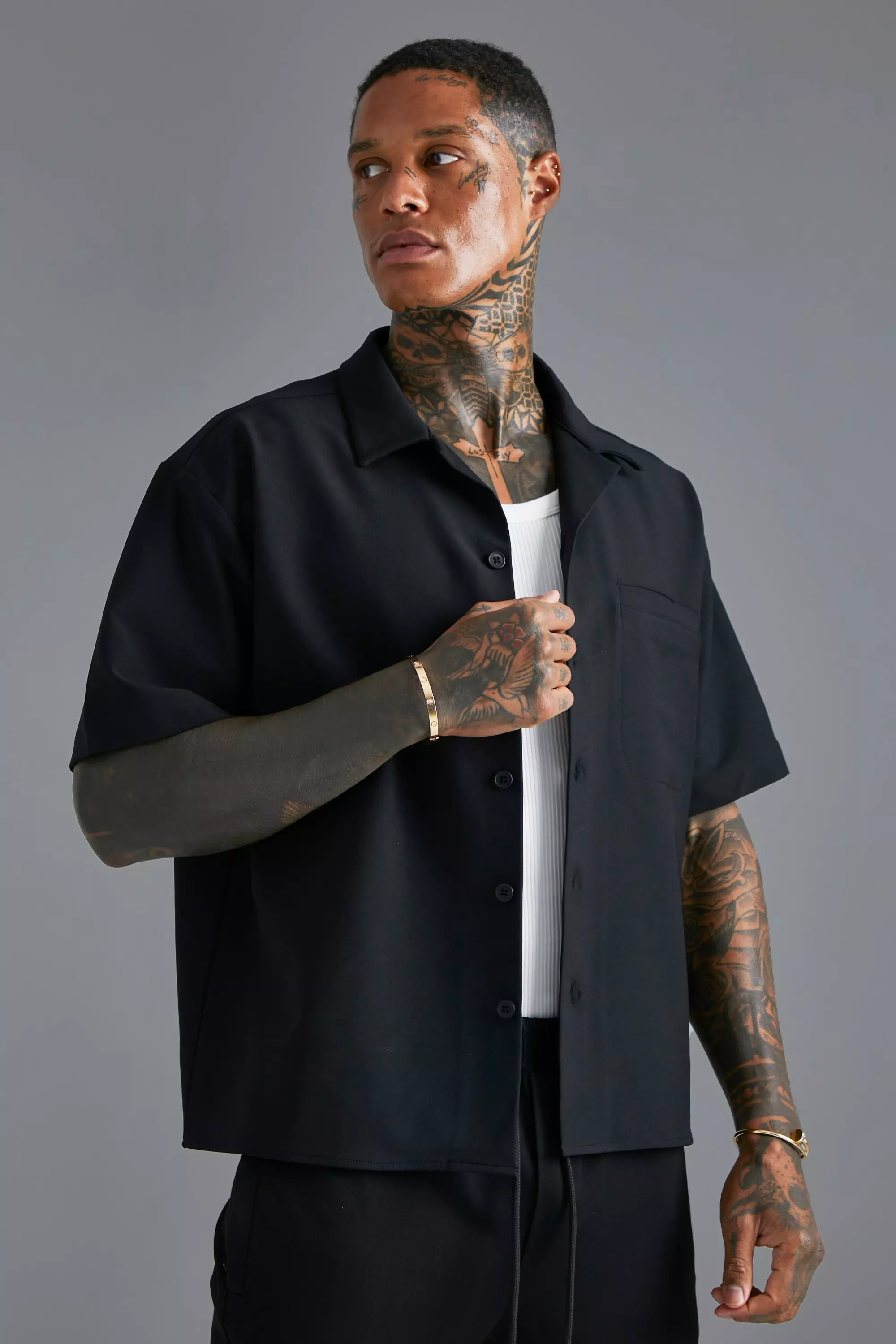 boohooMAN Mens PU Short Sleeve Revere Boxy Flame Print Shirt - Black