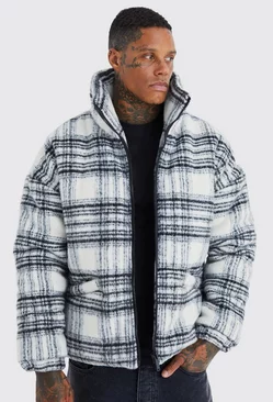 Brushed Check Funnel Neck Puffer White