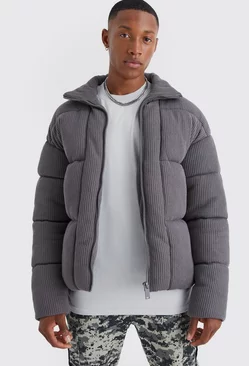 Grey Chunky Knitted Funnel Neck Puffer