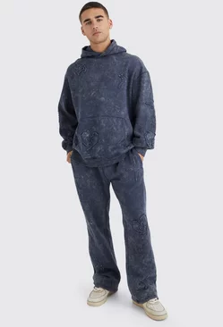 Oversized Raw Applique Acid Wash Hooded Gusset Tracksuit Charcoal