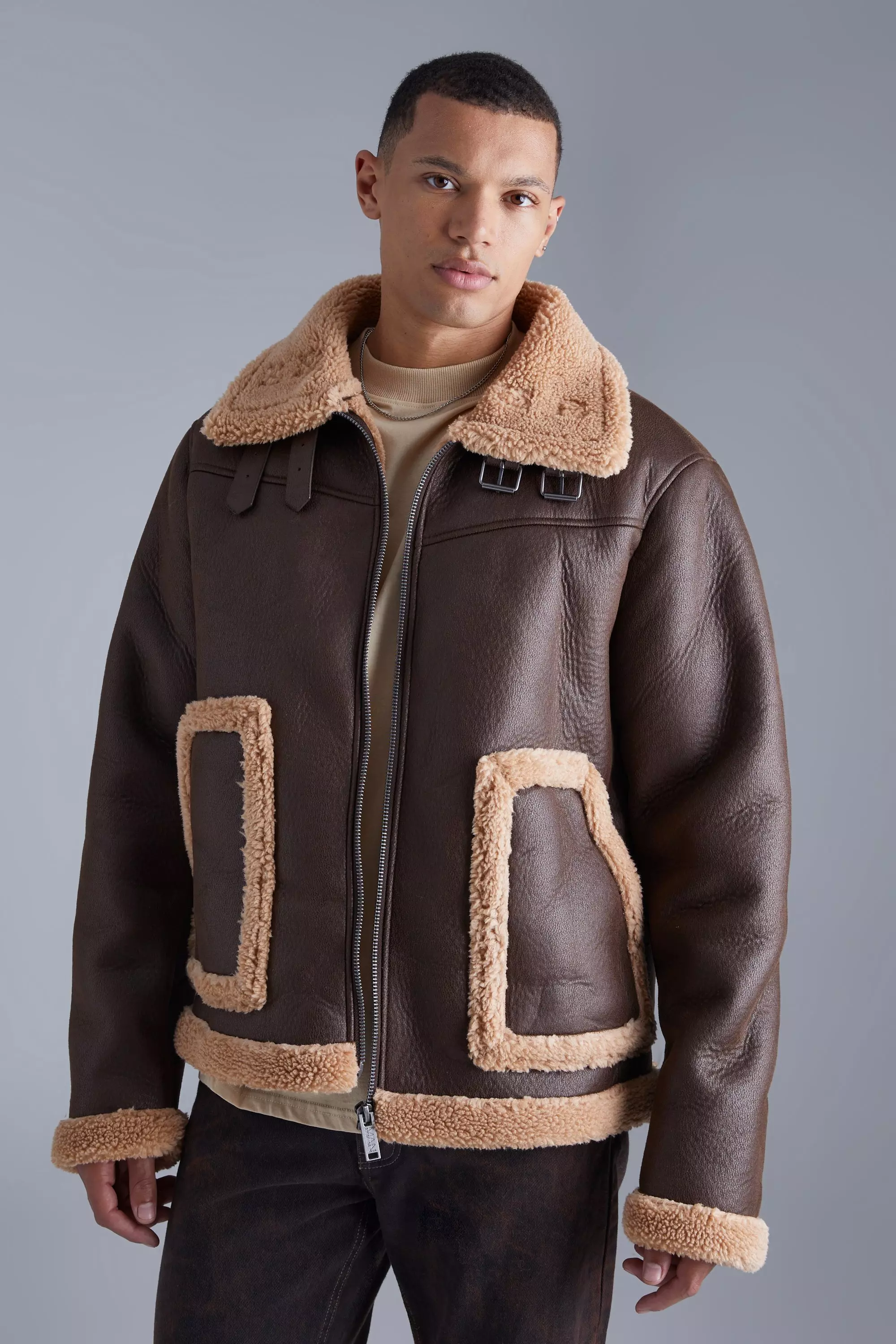 Brown Tall Bonded Pu Aviator With Borg Trims