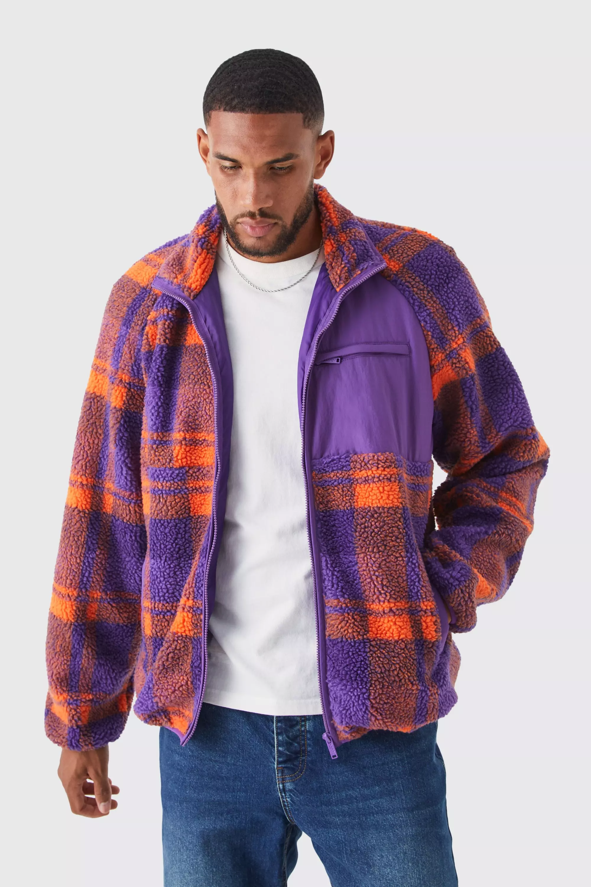 Tall Borg Check Print Jacket With Nylon Panel Purple