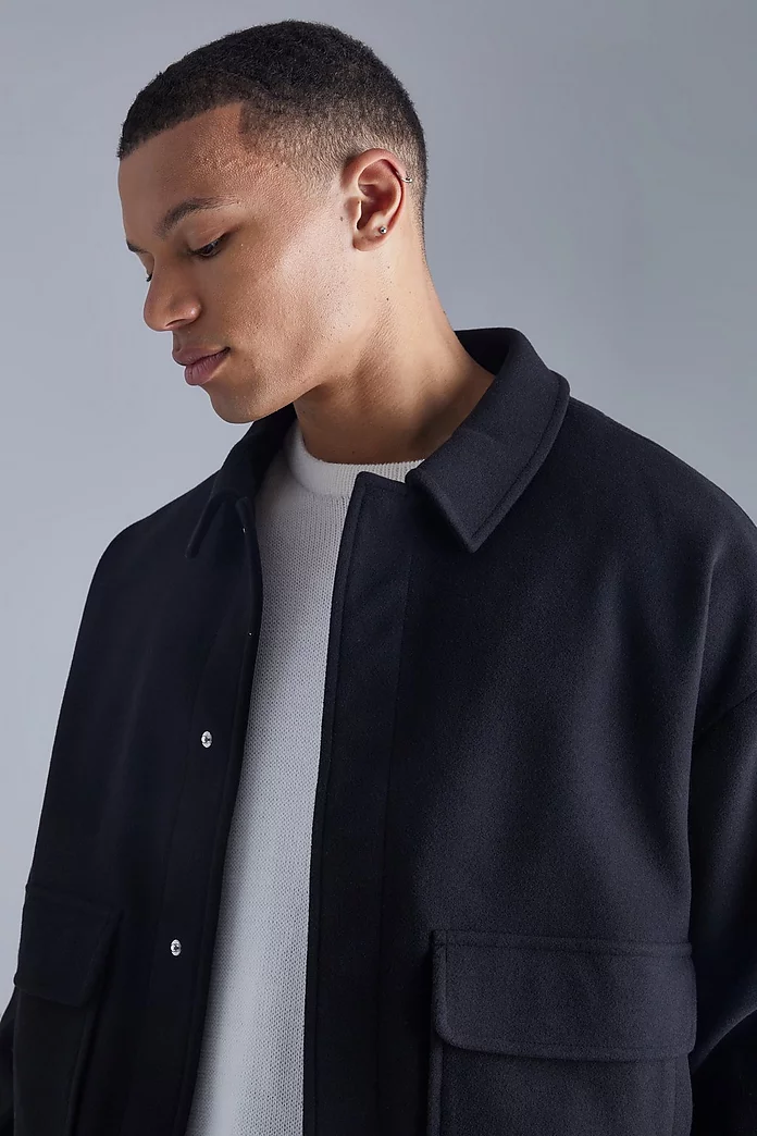 Tall Boxy Melton Collared Bomber | boohooMAN UK Tall Boxy Melton Collared Bomber | boohooMAN UK