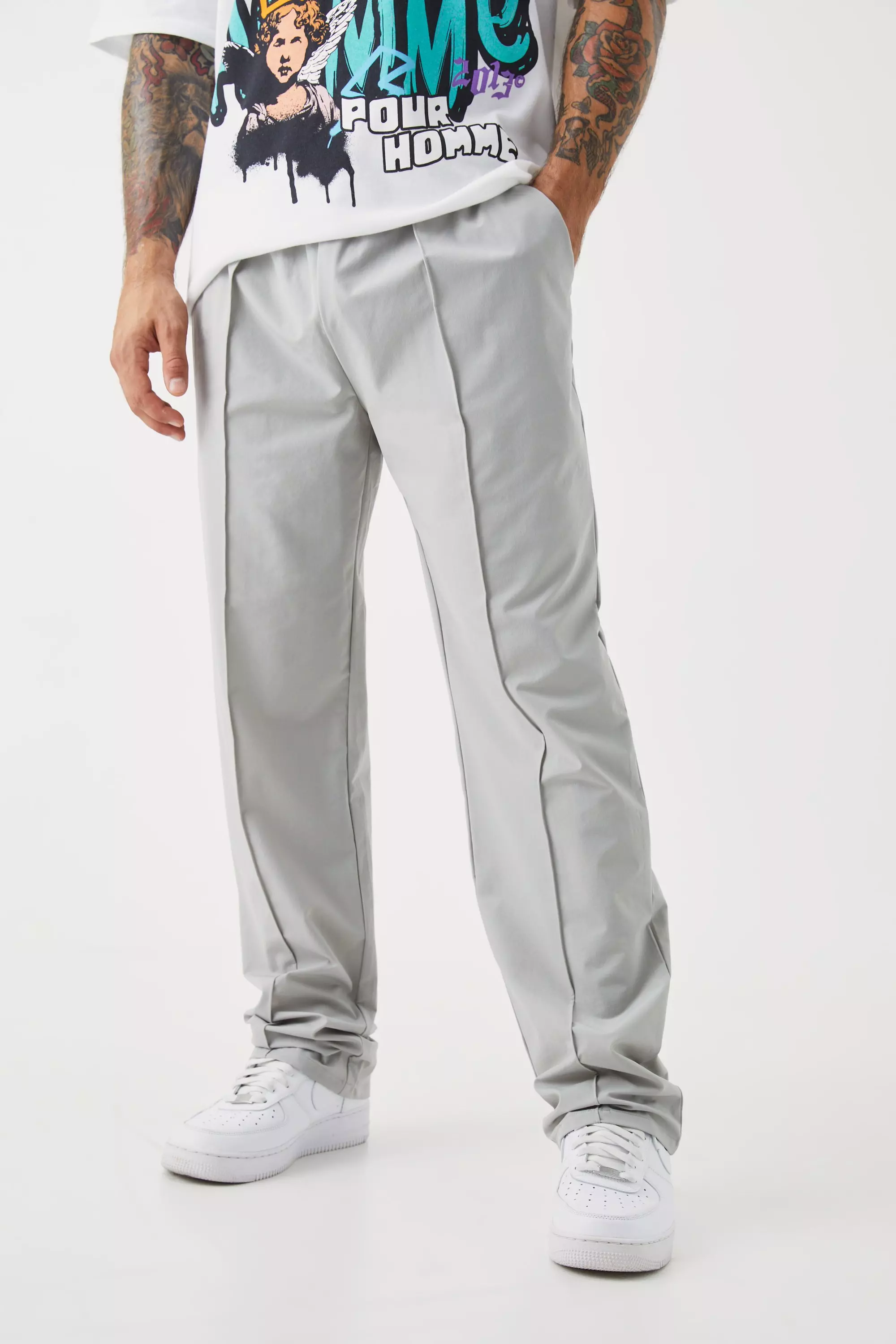 Grey Technical Stretch Pin Tuck Relaxed Pants