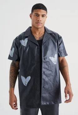 Short Sleeve Oversized Heart Applique Pu Shirt Black