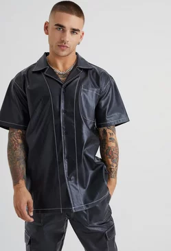 Short Sleeve Oversized Contrast Stitch Pu Shirt Black
