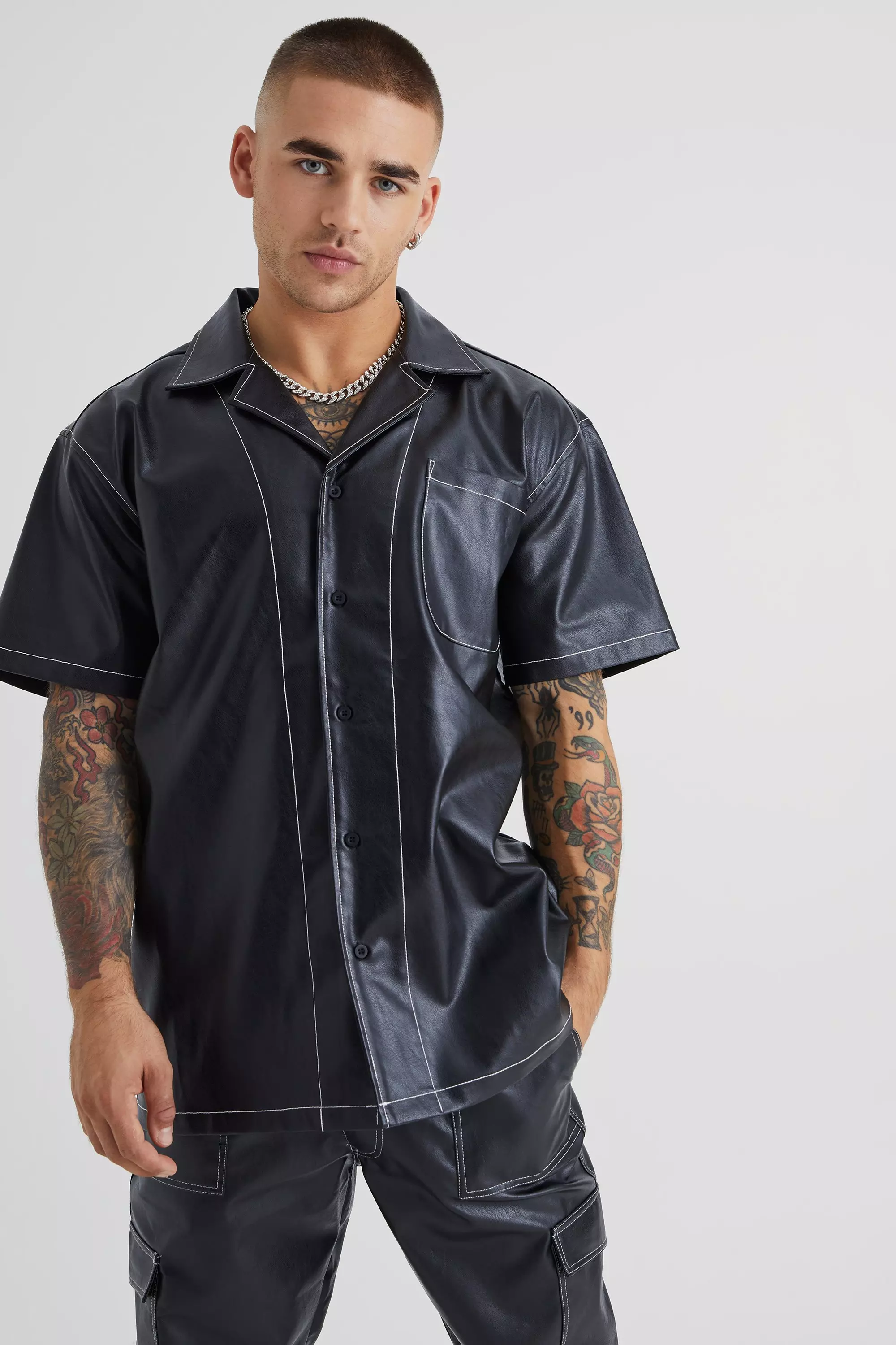Short Sleeve Oversized Contrast Stitch Pu Shirt Black