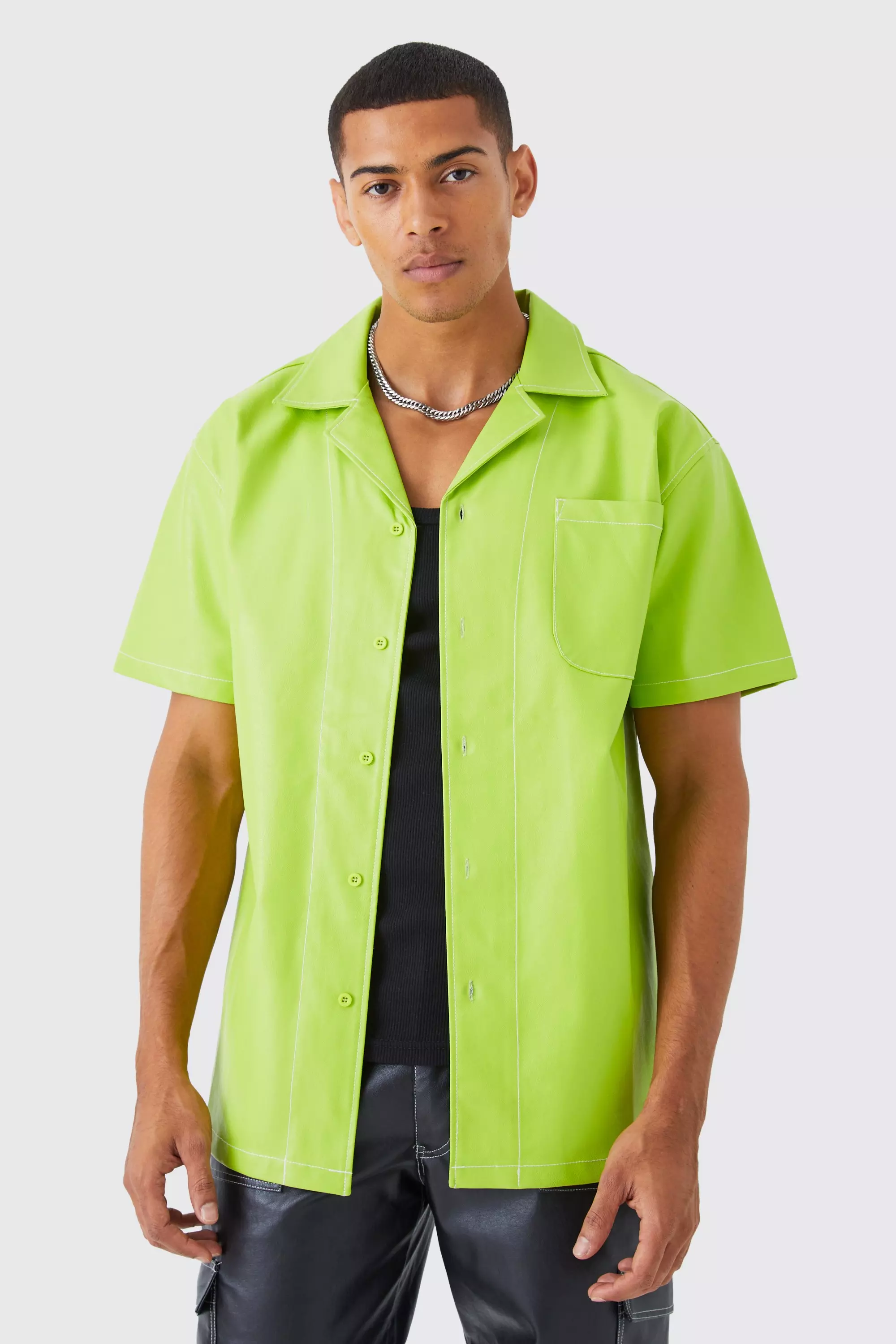 Short Sleeve Oversized Contrast Stitch Pu Shirt Lime