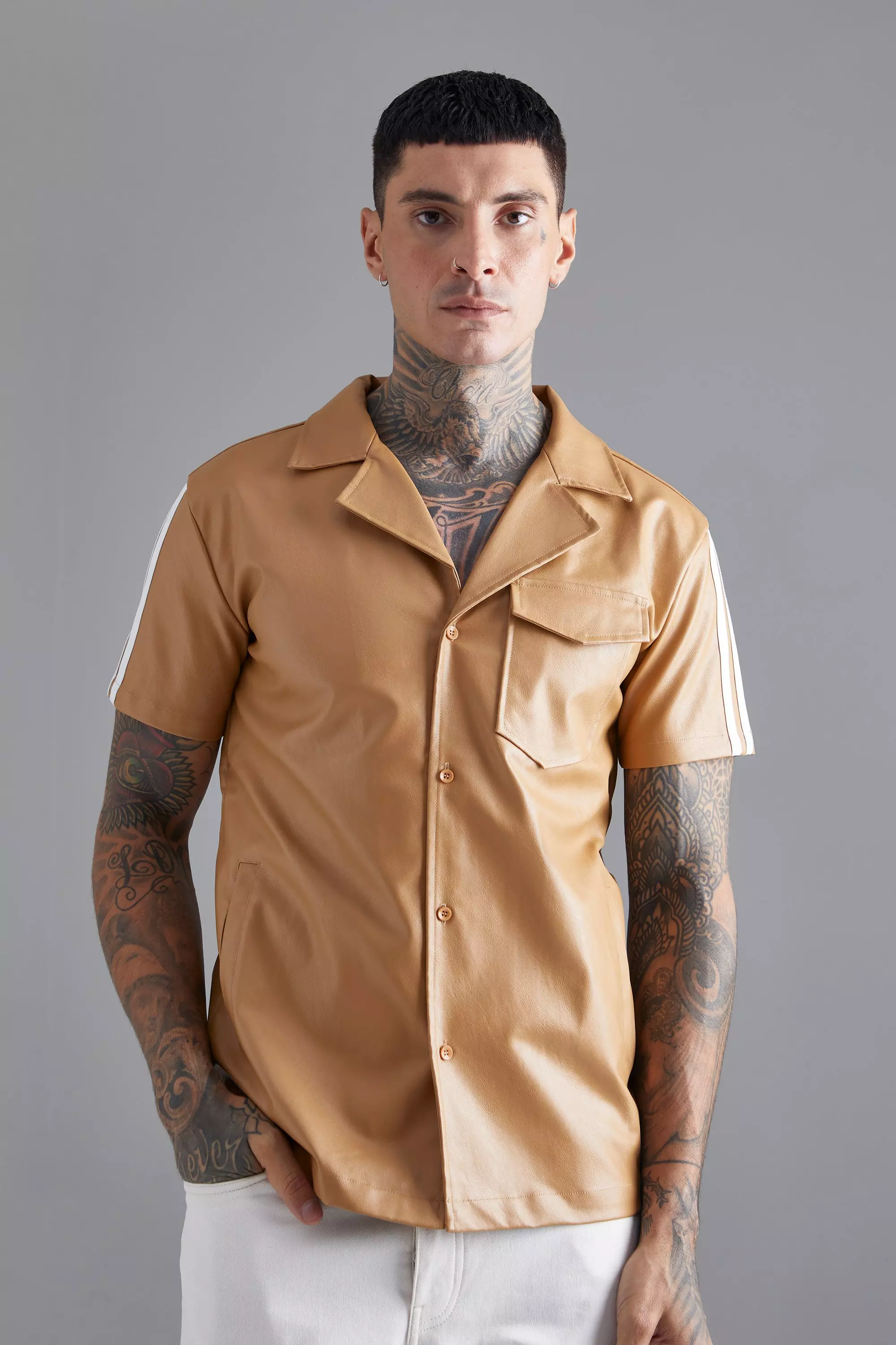Tan Brown Short Sleeve Dropped Revere Tape Detail Shirt