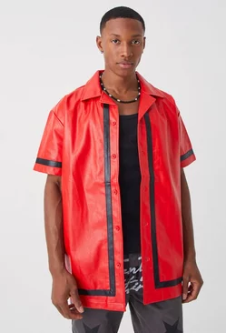 Short Sleeve Oversized Pu Border Shirt Red