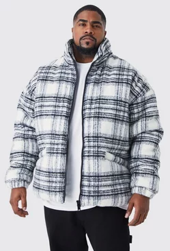 White Plus Brushed Check Funnel Neck Puffer