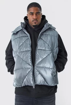 Charcoal Grey Plus Metallic Quilted Gilet With Hood