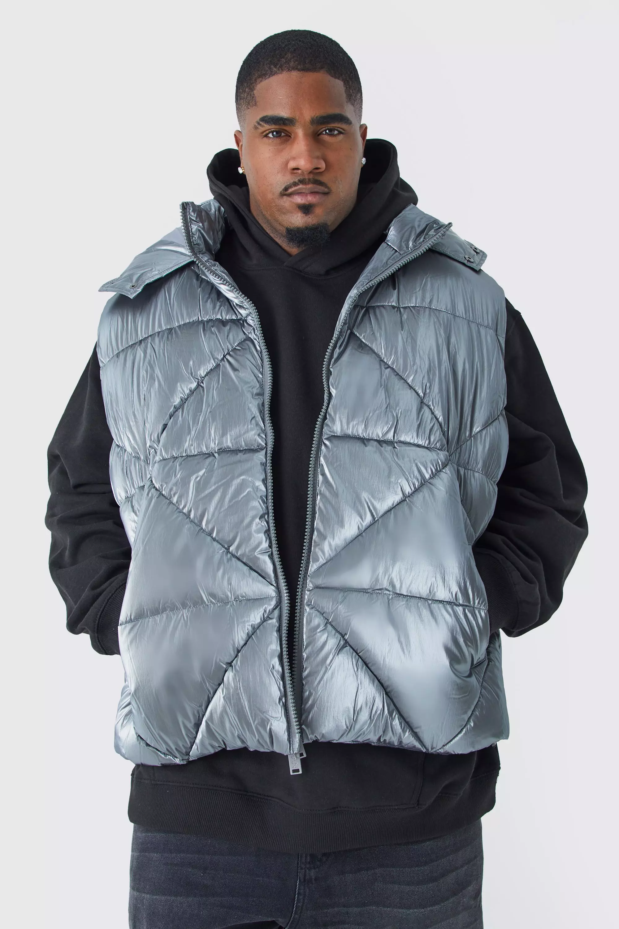 Plus Metallic Quilted Gilet With Hood Charcoal