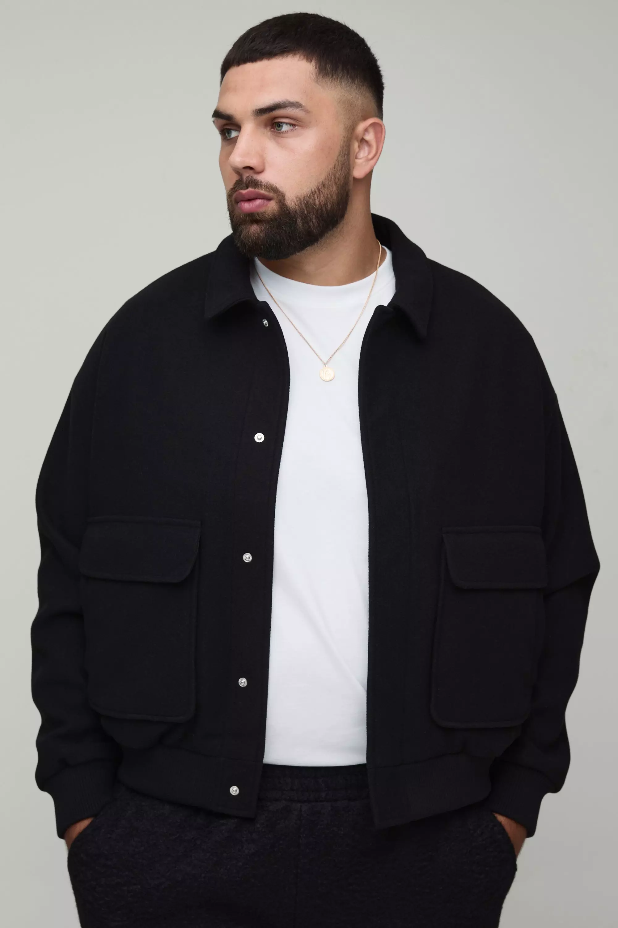 Plus Boxy Wool Look Harrington Jacket in Black | boohooMAN USA