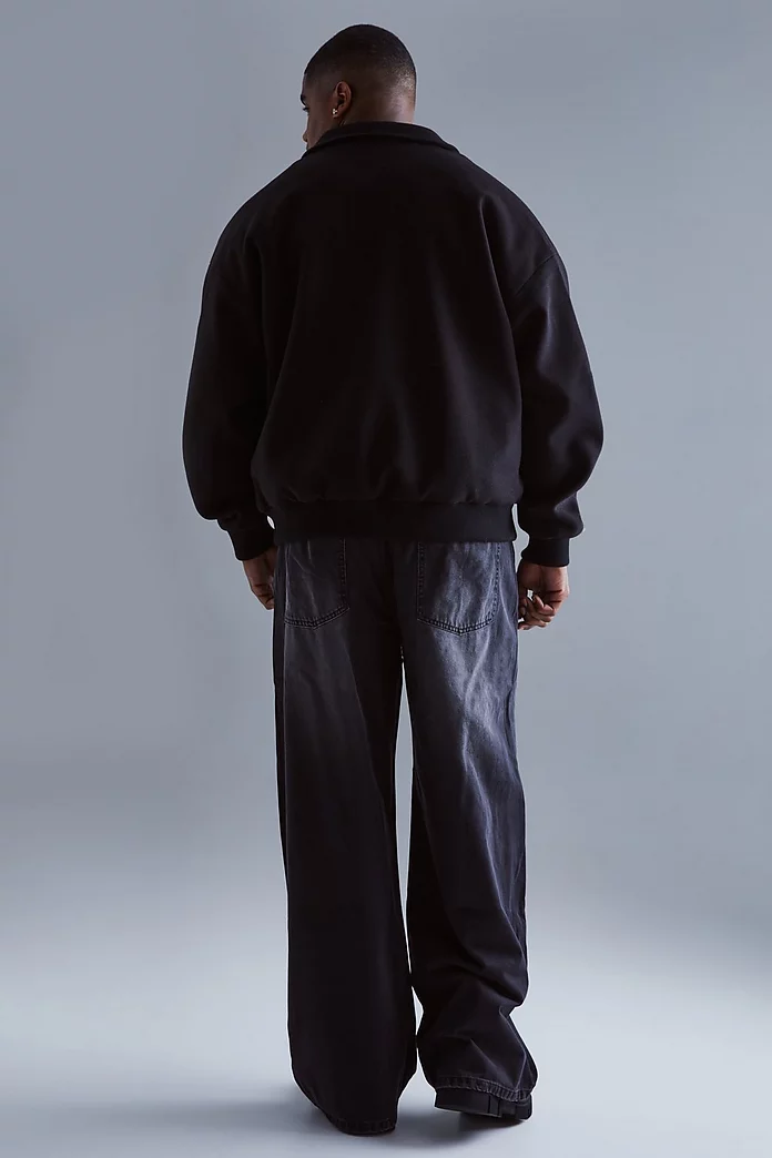 Plus Boxy Wool Look Harrington Jacket in Black | boohooMAN USA Plus Boxy Wool Look Harrington Jacket in Black | boohooMAN USA