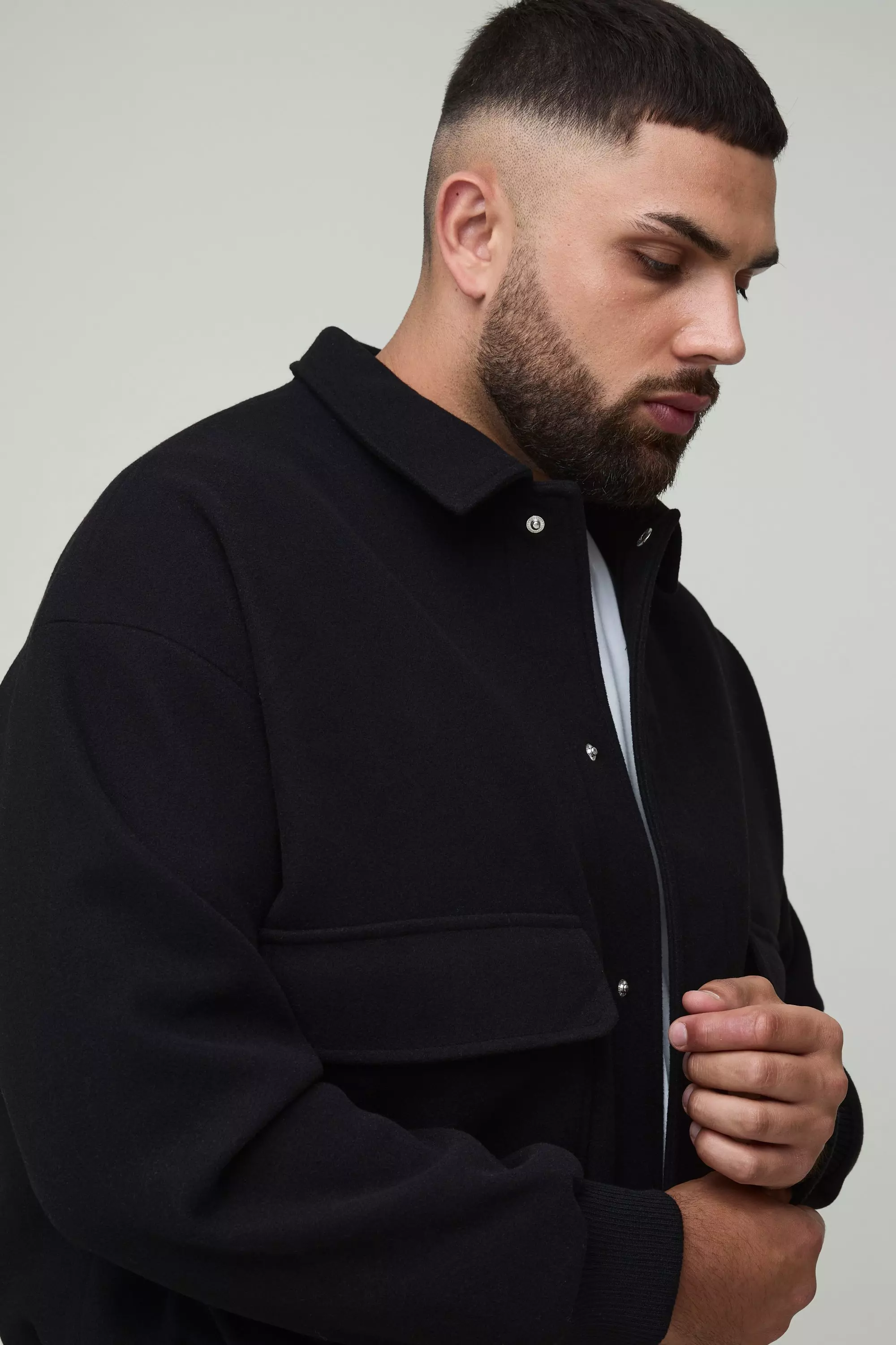 Plus Boxy Wool Look Harrington Jacket in Black | boohooMAN USA