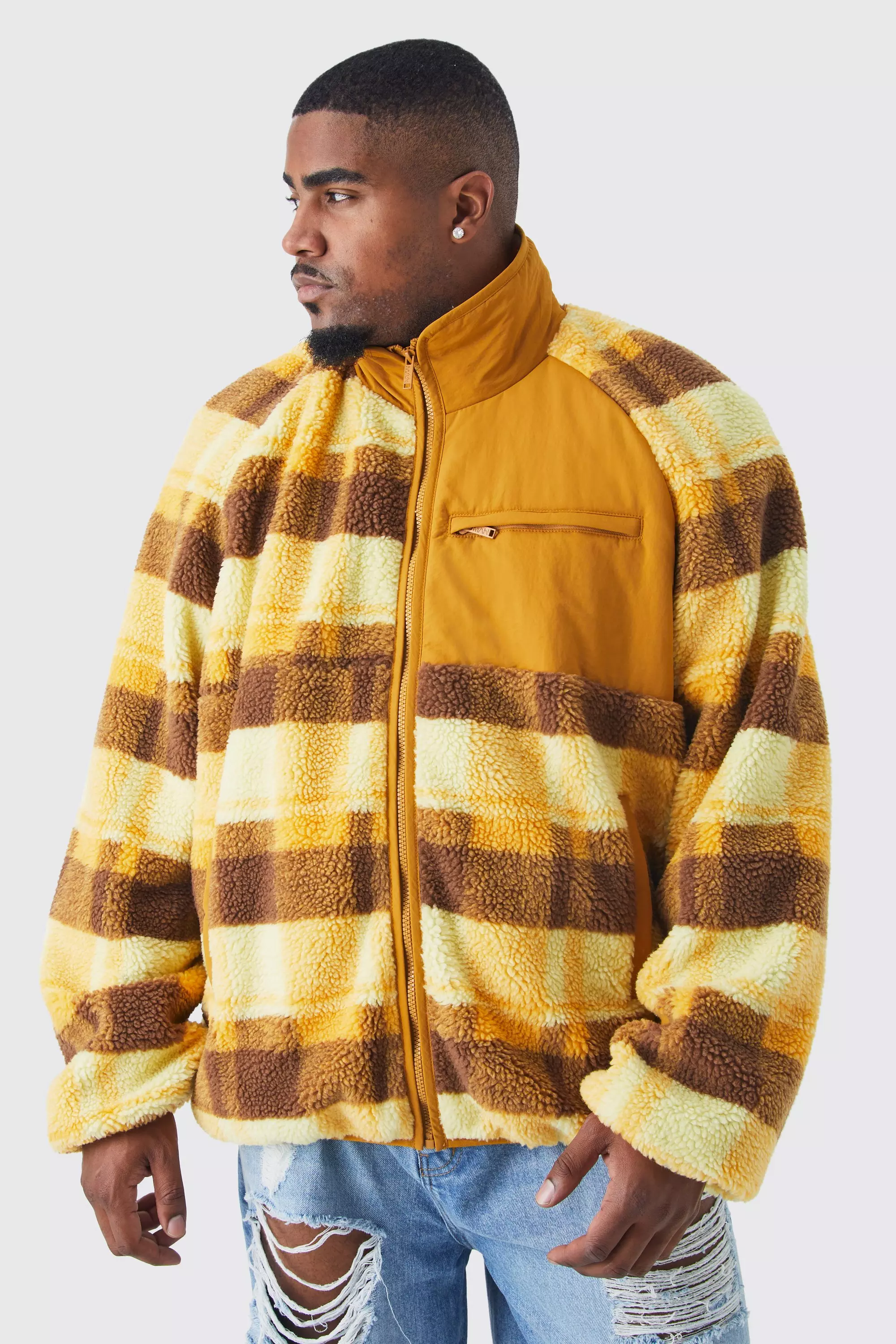 Plus Borg Check Print Jacket With Nylon Panel Yellow