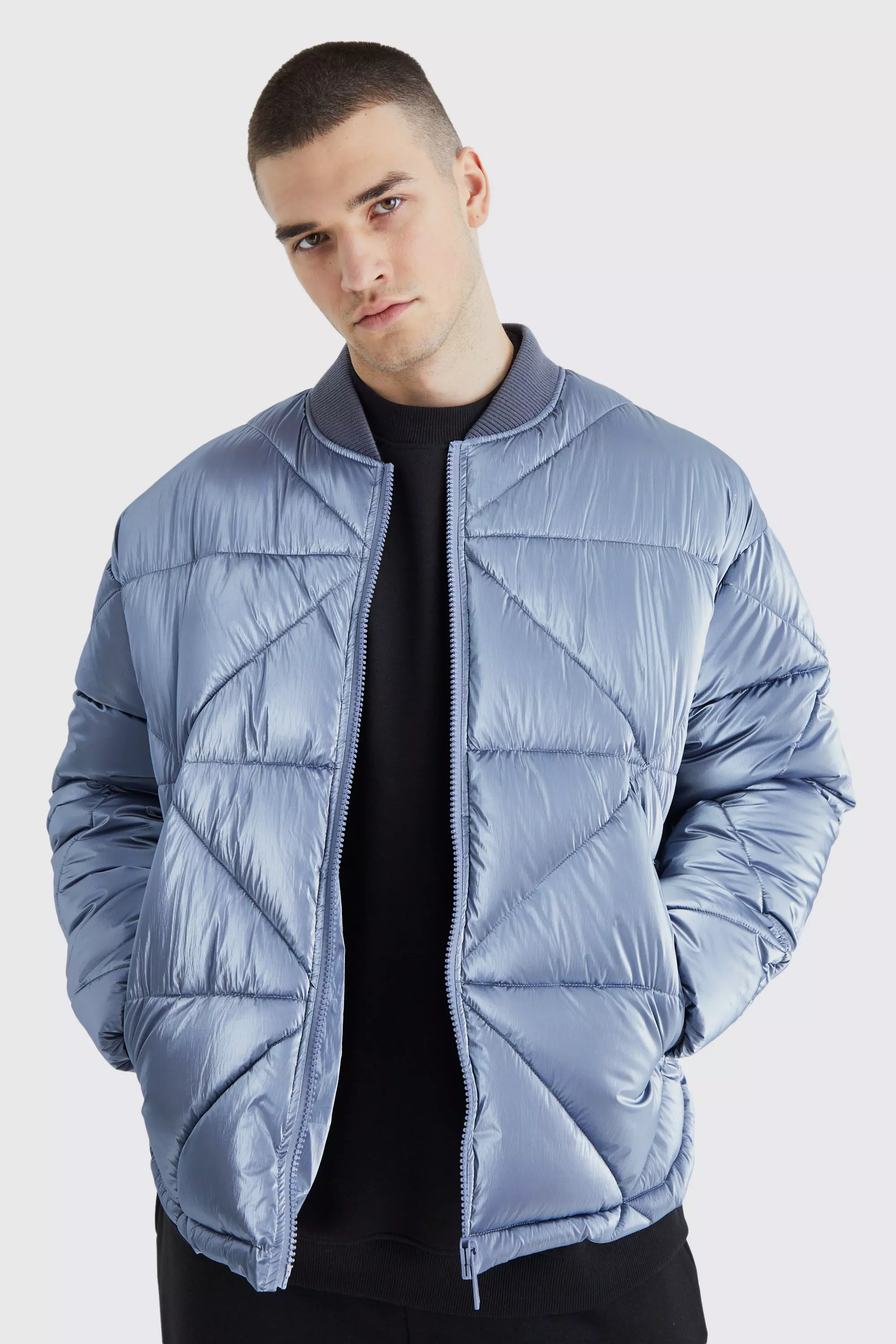 Tall Metallic Quilted Puffer Bomber Sage