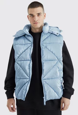 Blue Tall Metallic Quilted Gilet With Hood