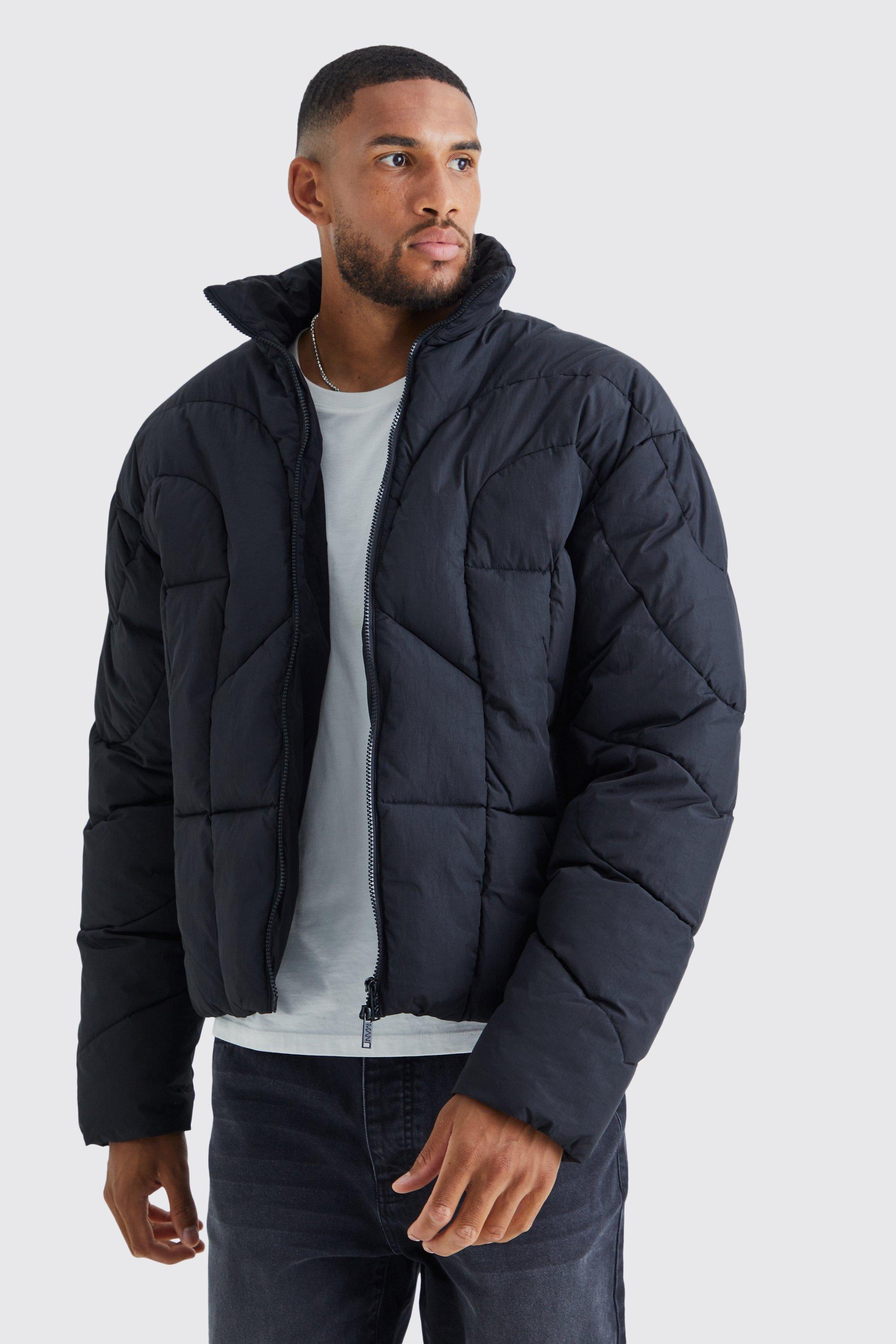 boohooMAN Mens Boxy Oversized PU Patch Peached Nylon Puffer - Black