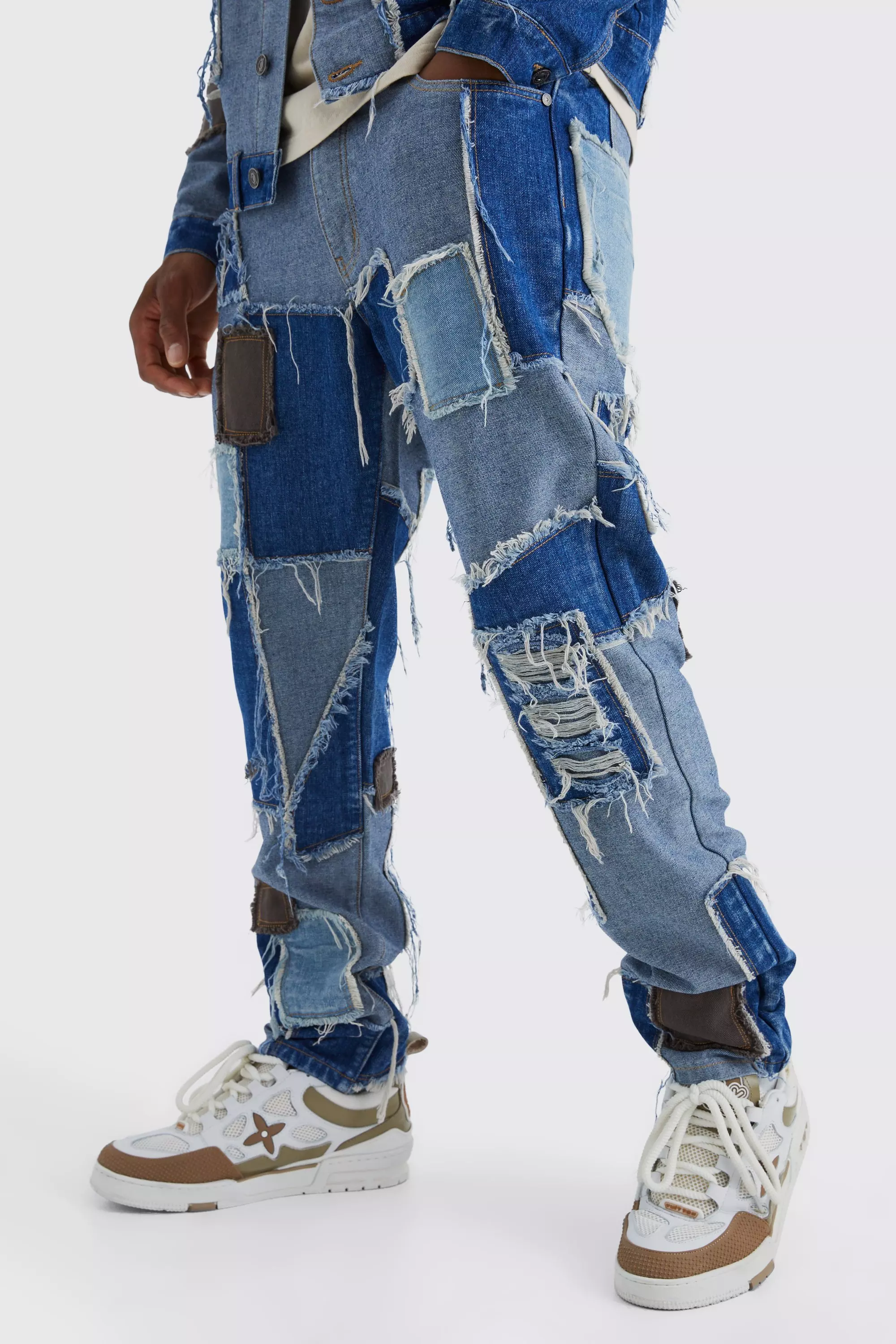 Blue Straight Fit Re-purposed Patchwork Denim Jean