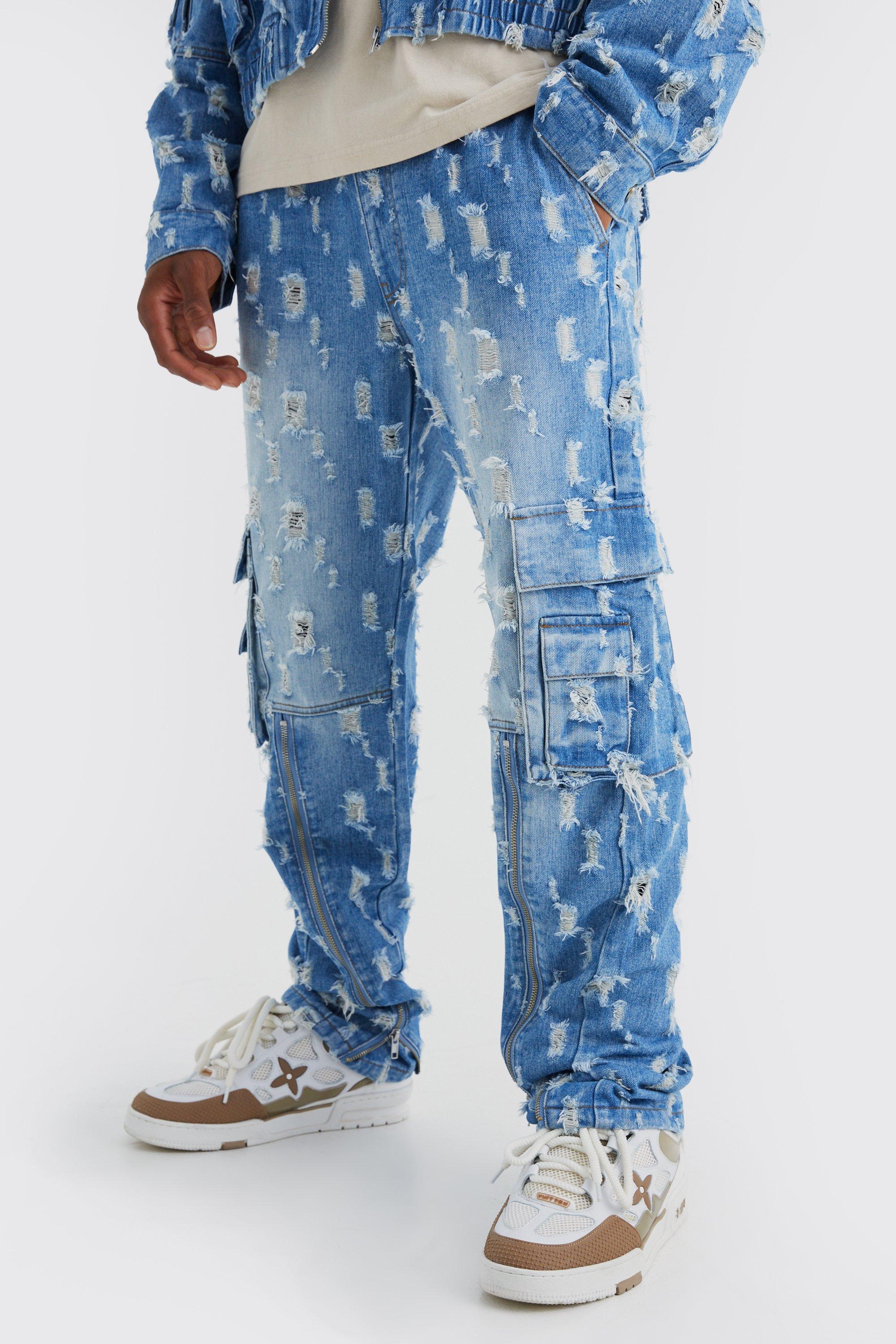 Mid blue Relaxed Rigid Heavy Distressed Cargo Jean