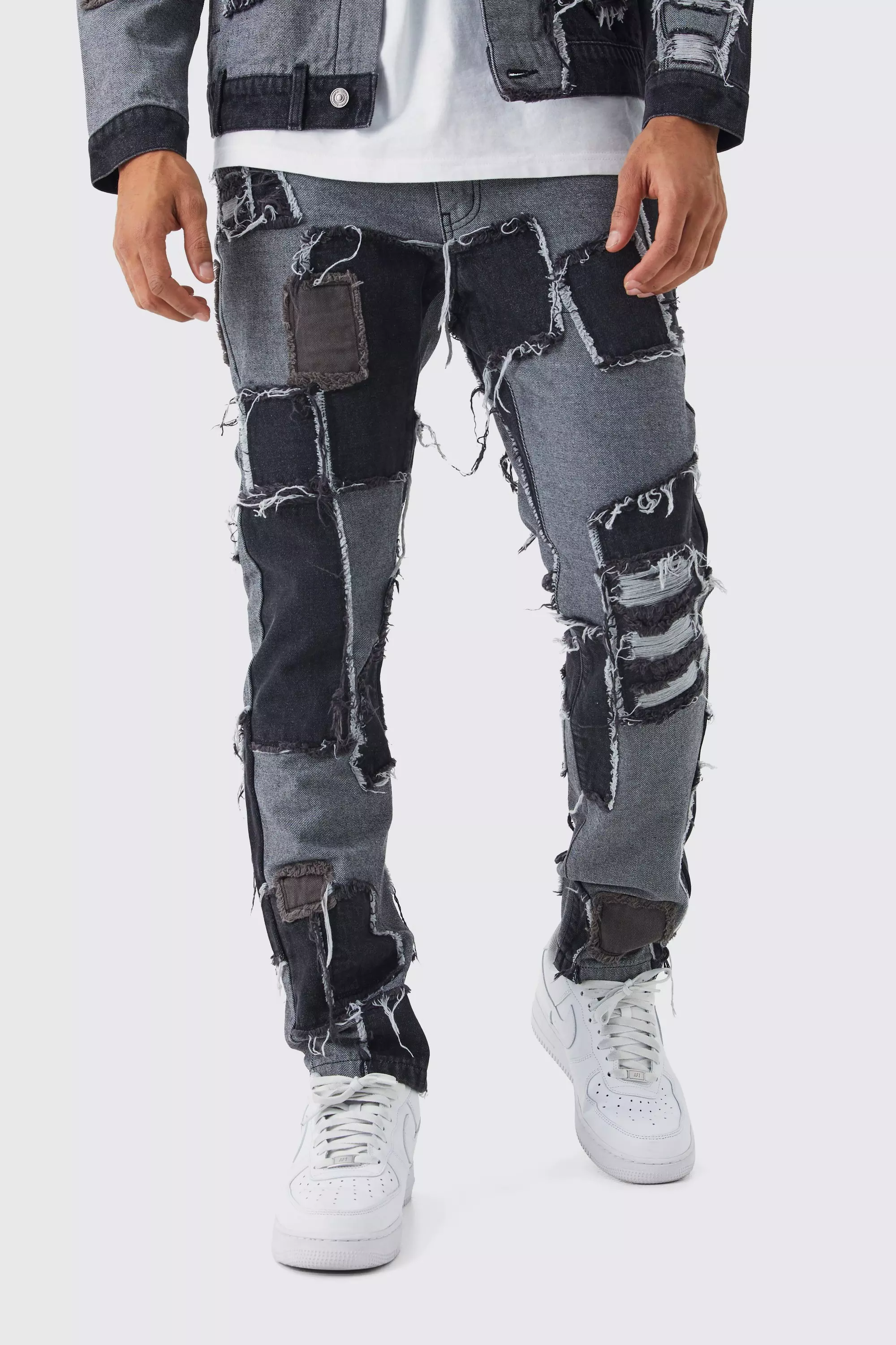 boohooMAN Straight Leg Denim Patchwork Jeans - Size 30R