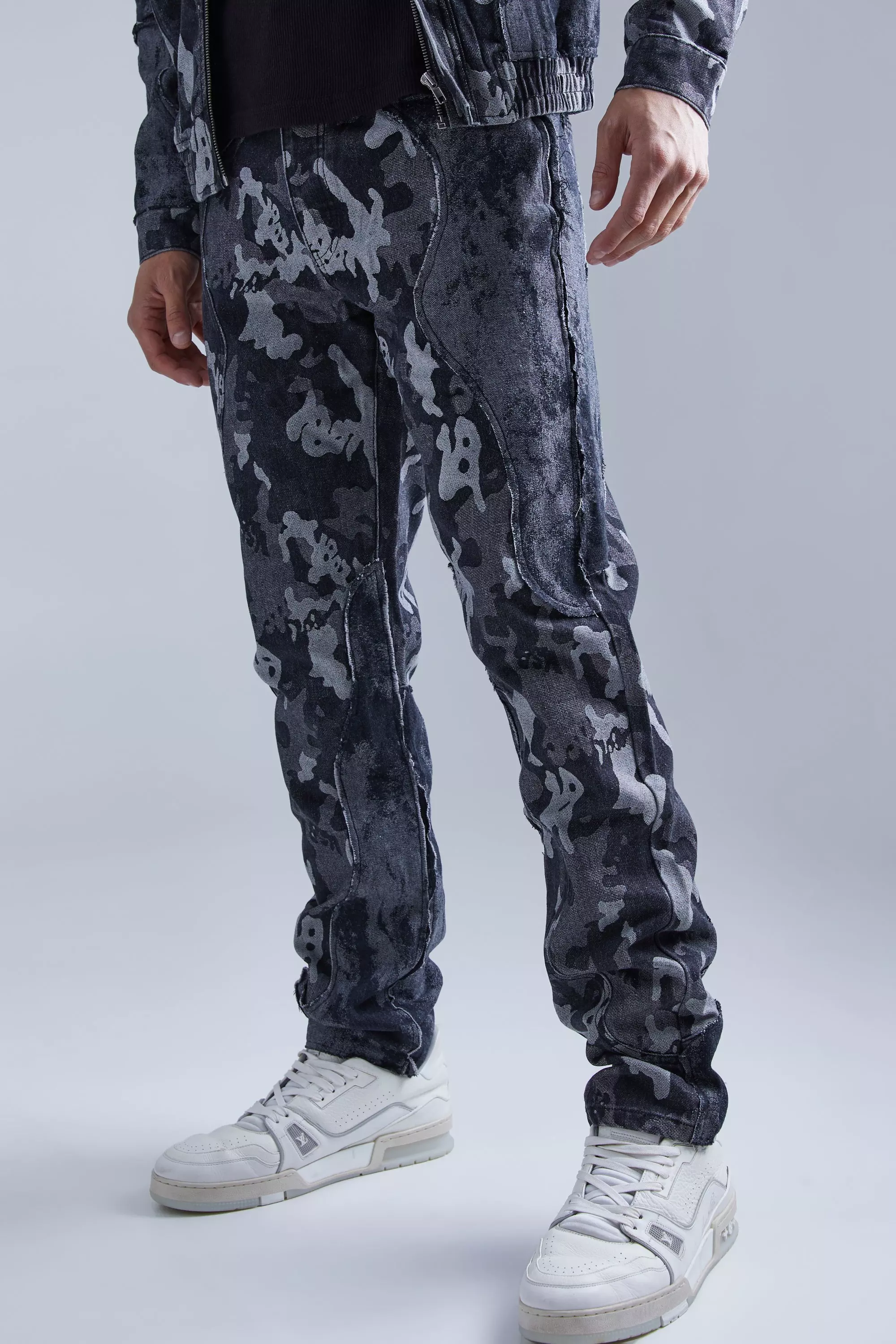 Black Straight Fit Spliced Camo Denim Jean