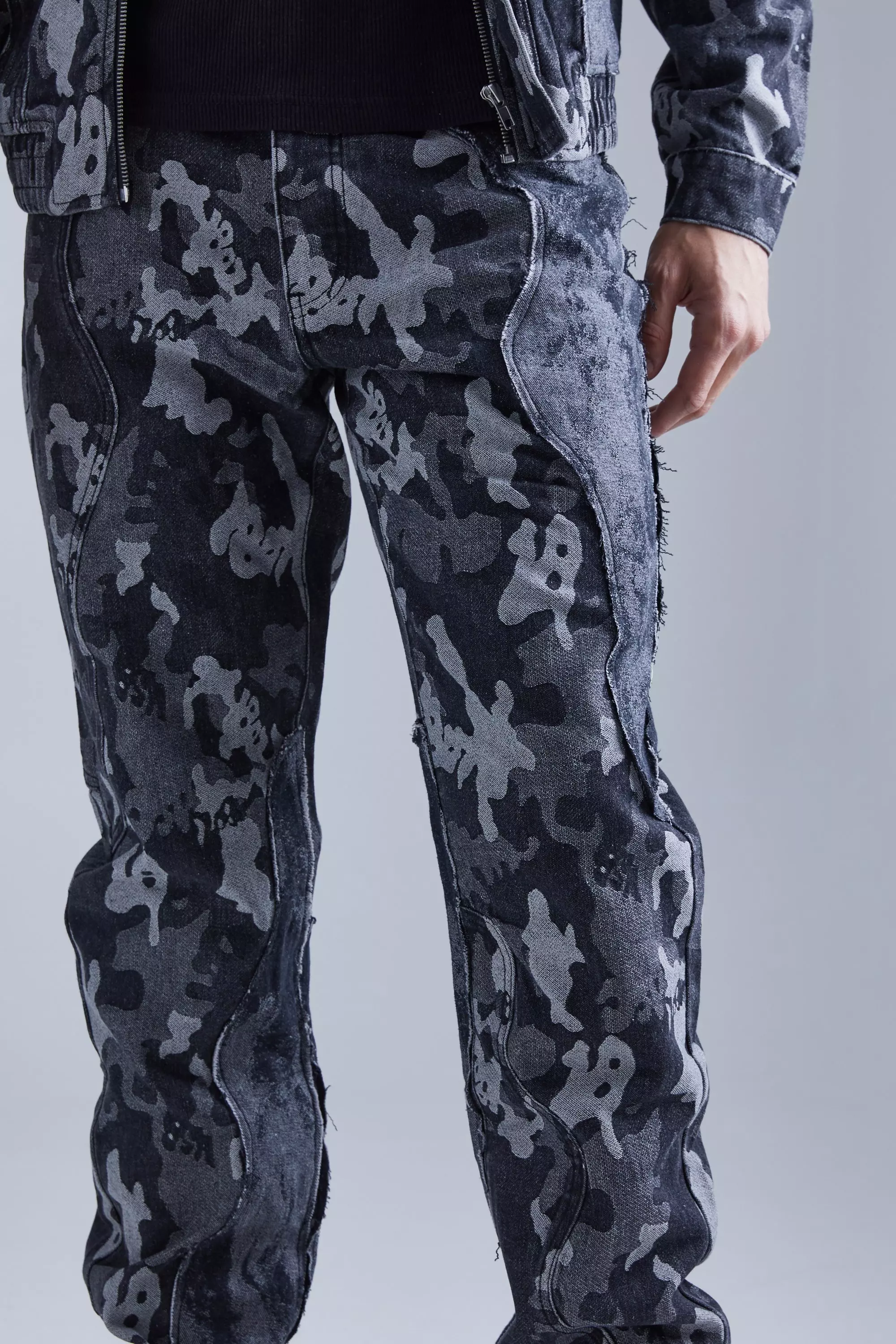 Black Straight Fit Spliced Camo Denim Jean alternative image