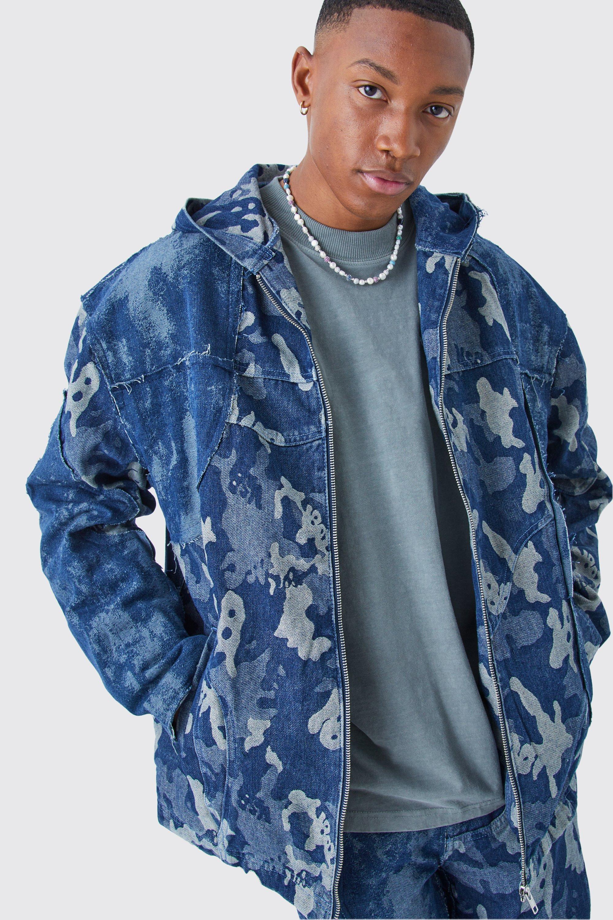 Spliced Camo Hooded Denim Zip Through Jacket boohooMAN USA