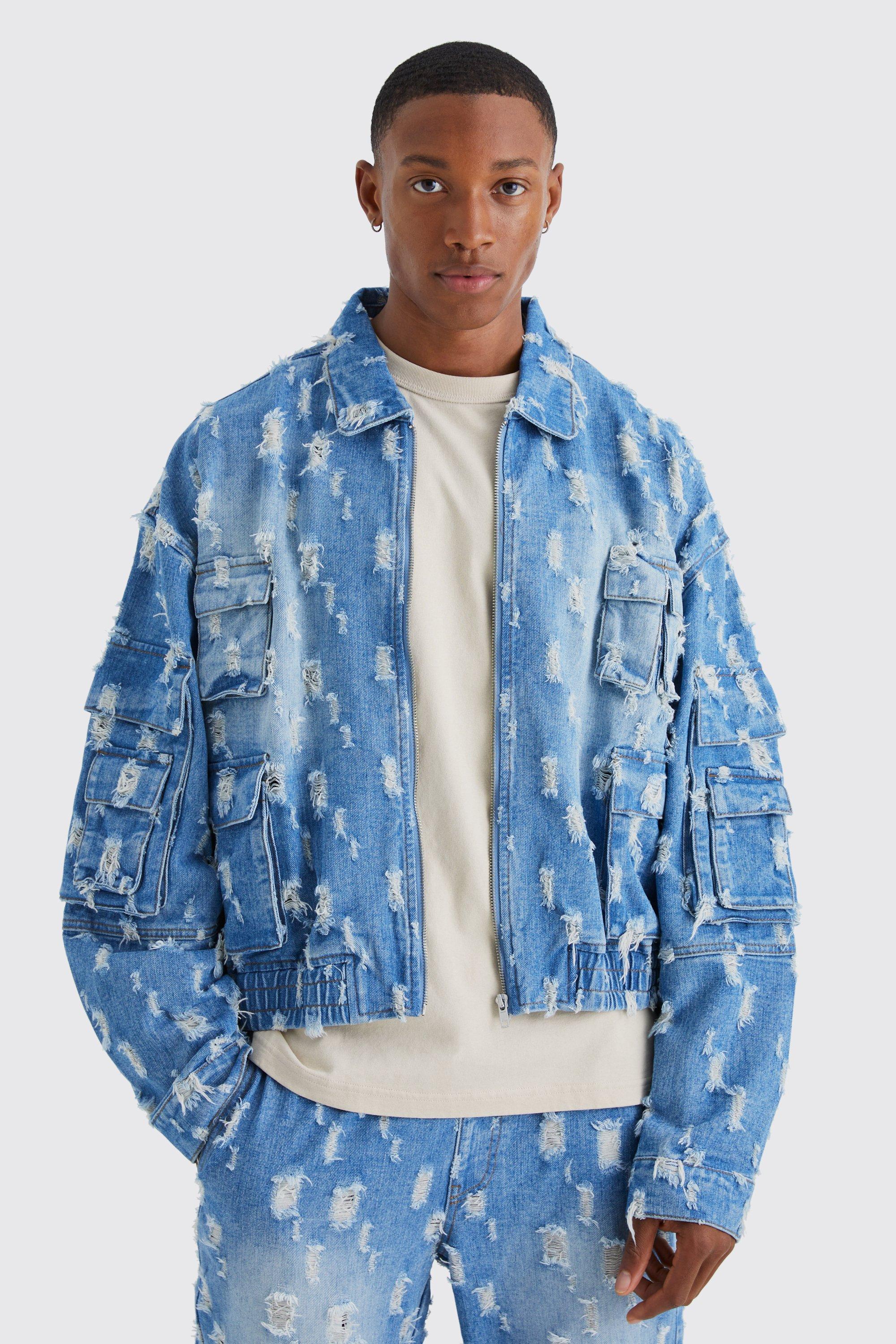 Mid blue Boxy Utility Denim Jacket Heavy Distressing