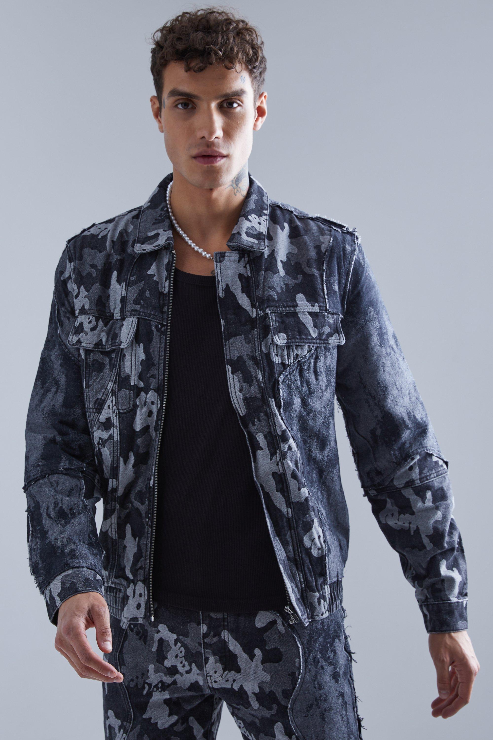 Regular Fit Spliced Camo Denim Jacket | boohooMAN USA