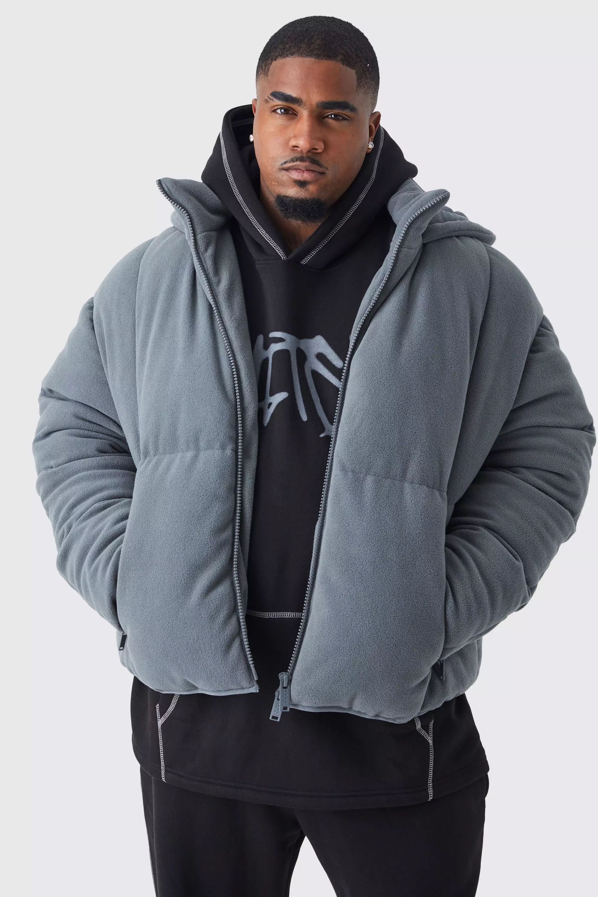 Plus Heavy Fleece Hooded Puffer Grey