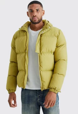 Tall Boxy Hooded Puffer With Half Placket Olive