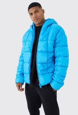 Blue Square Quilted Ruched Puffer