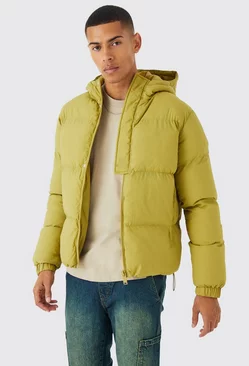 Boxy Hooded Puffer With Half Placket Olive