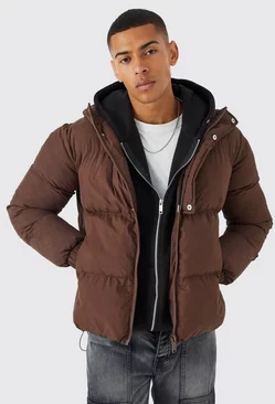 Boxy Hooded Puffer With Half Placket Chocolate