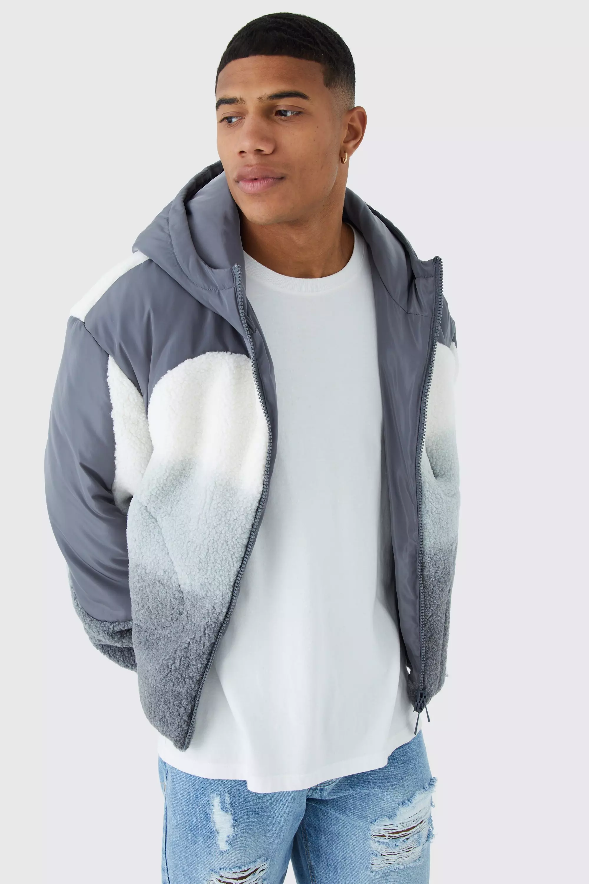 Boxy Borg Ombre Puffer With Hood Grey