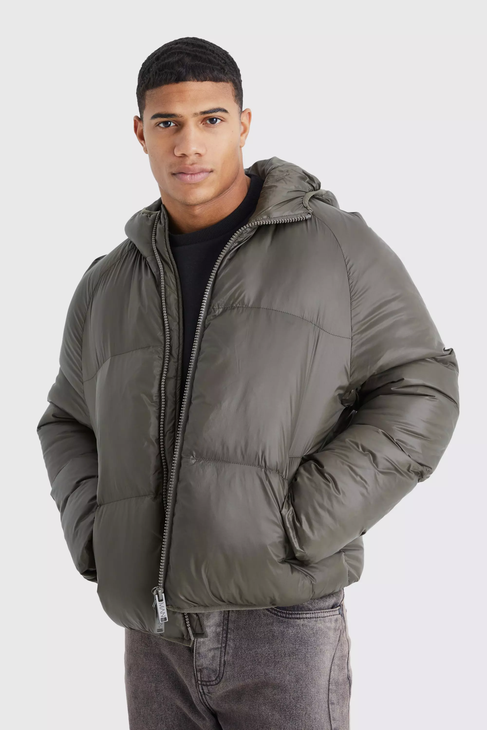 Sheen Quilted Nylon Puffer With Hood Charcoal